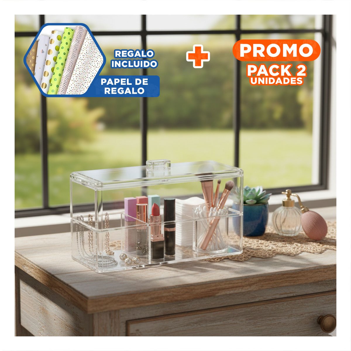PACK2 CAJA TRANSPARENTE DE ACRILICO 2 PISOS CON 3 DIVISIONES Y+PAPEL REGALO - 1