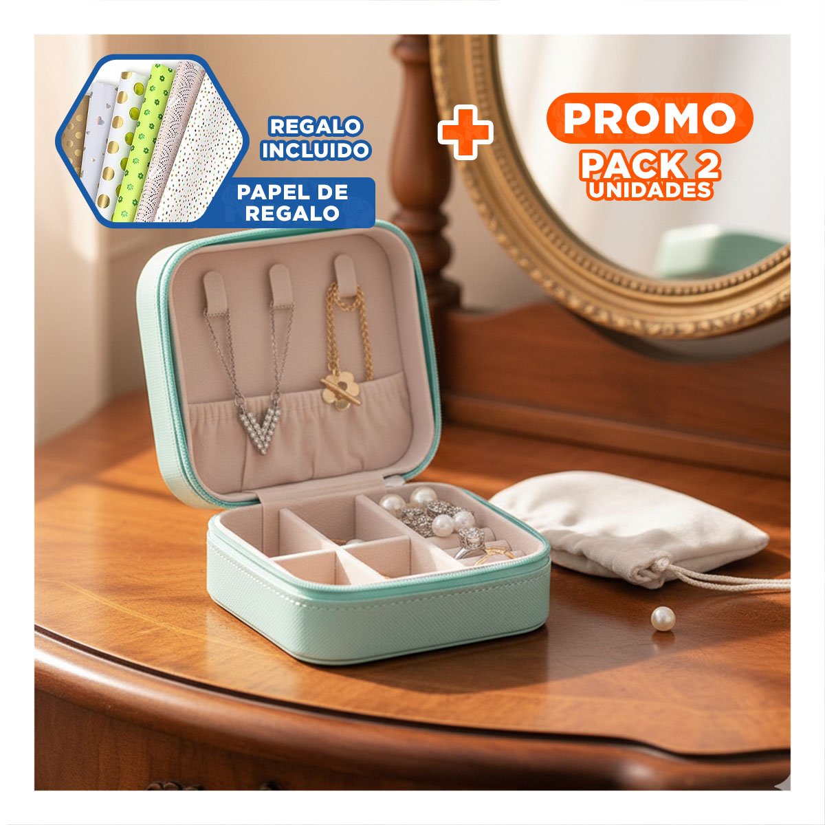 PACK2 KIT JOYERO MINI PORTATIL PARA MUJER EN TURQUEZA Y+PAPEL REGALO - 1