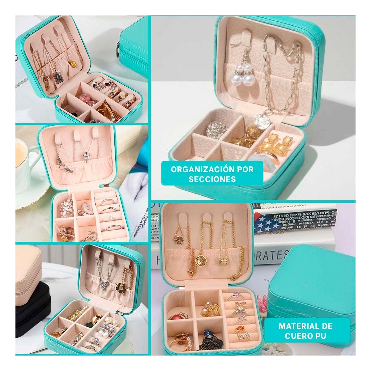 PACK2 KIT JOYERO MINI PORTATIL PARA MUJER EN TURQUEZA Y+PAPEL REGALO - 3
