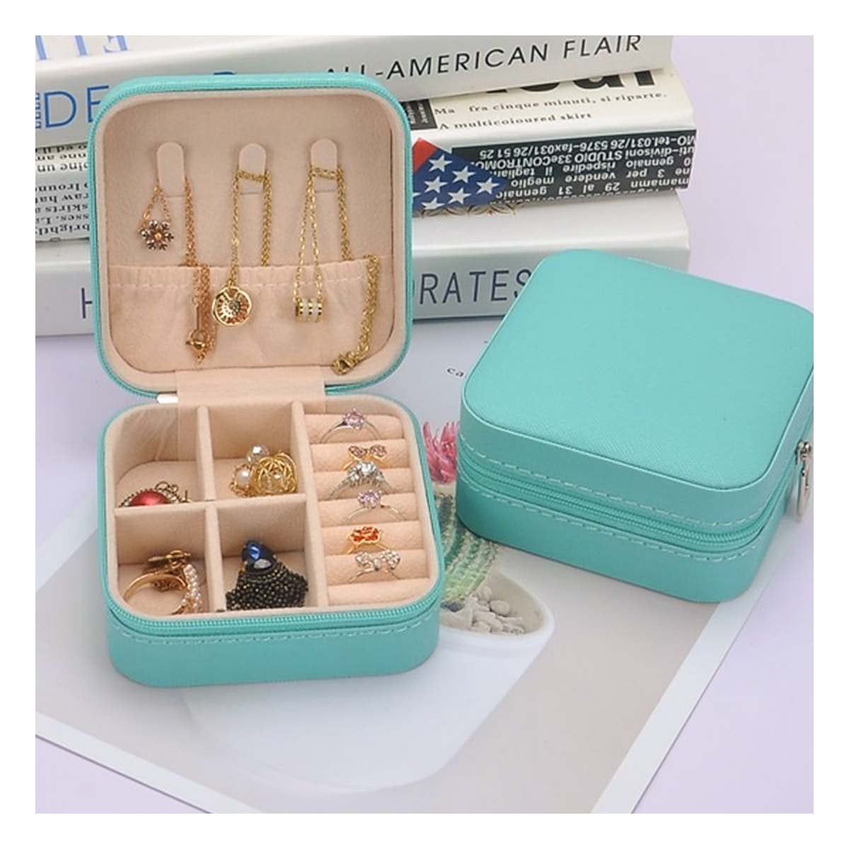 PACK2 KIT JOYERO MINI PORTATIL PARA MUJER EN TURQUEZA Y+PAPEL REGALO - 5