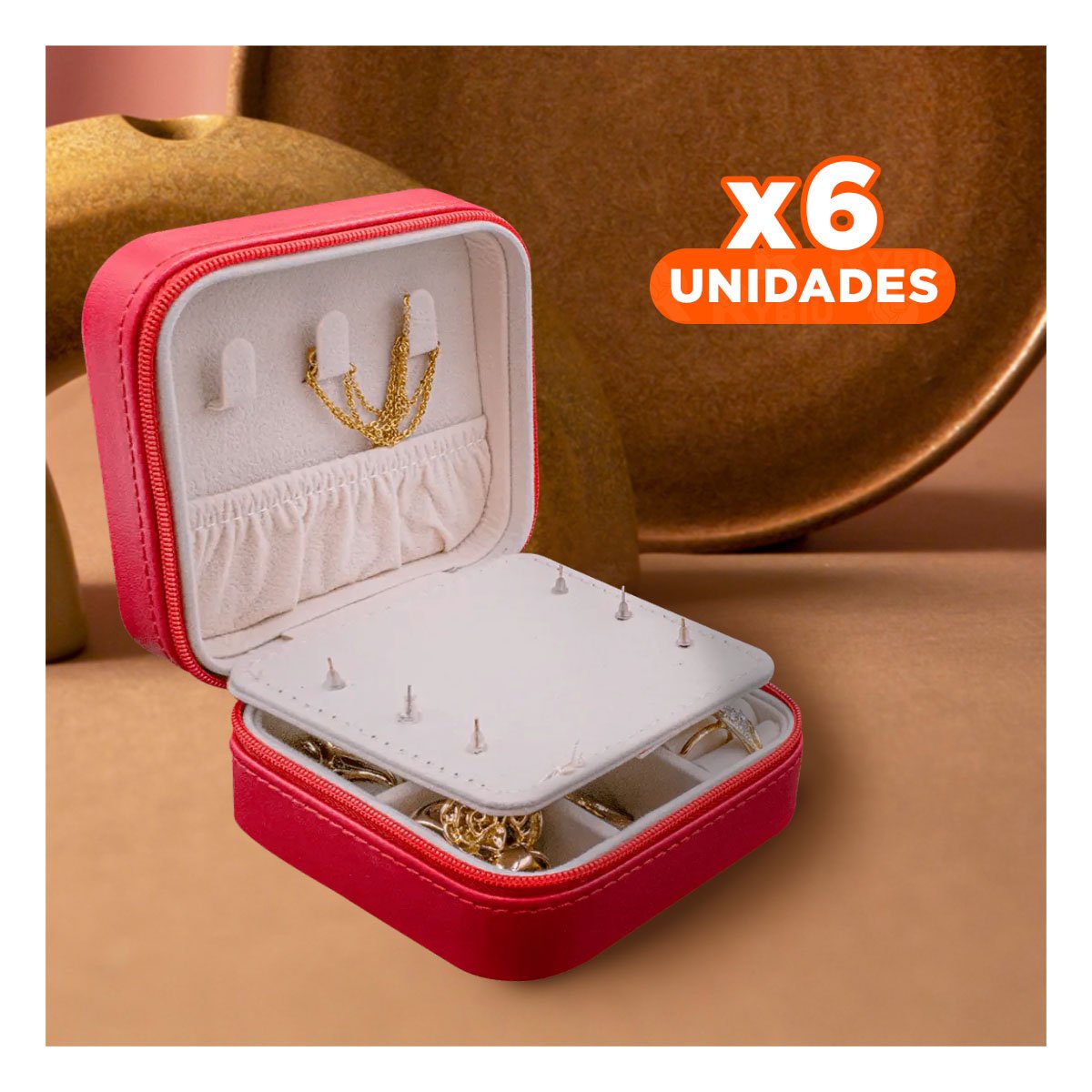 PACK6 JOYERO ELEGANTE CON ESPEJO CUERO PU ROJO PARA VIAJE Y+REGALO STICKER - 1