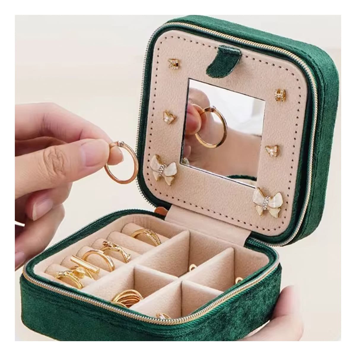 PACK4 JOYERO ELEGANTE CON ESPEJO TERCIOPELO VERDE OSCURO - 2