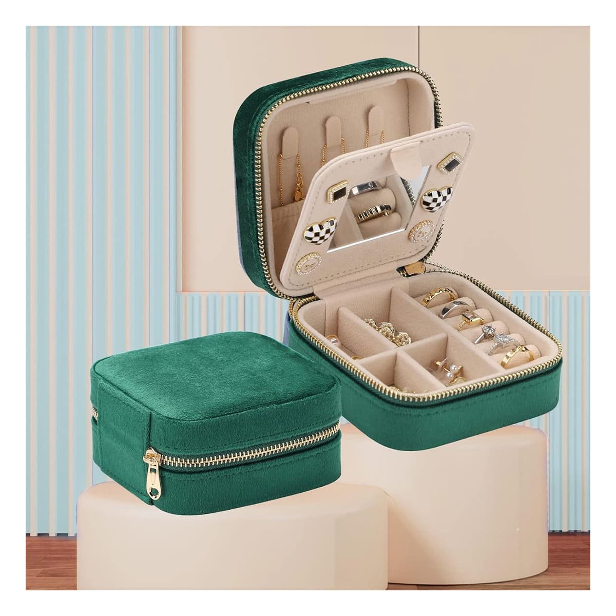 PACK4 JOYERO ELEGANTE CON ESPEJO TERCIOPELO VERDE OSCURO - 3