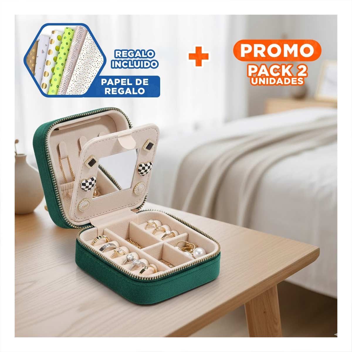 PACK2 CAJA DE VIAJE CON ESPEJO TERCIOPELO VERDE OSCURO Y+PAPEL REGALO - 1
