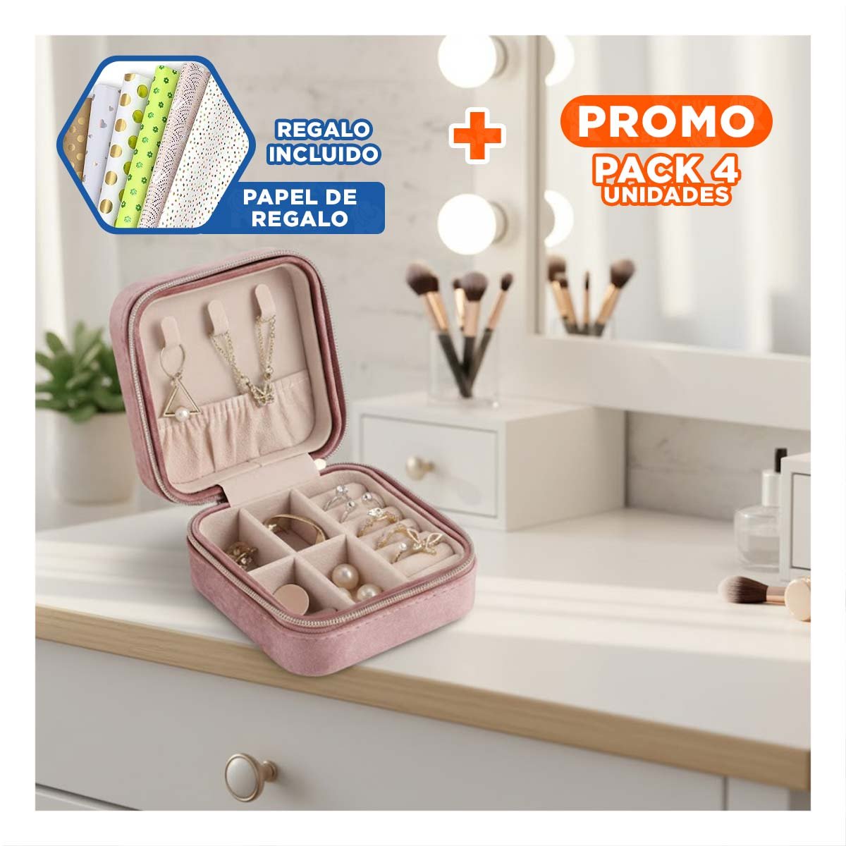 PACK4 ORGANIZADOR PARA MUJER TERCIOPELO ROSADO COMPACTO Y+PAPEL REGALO - 1
