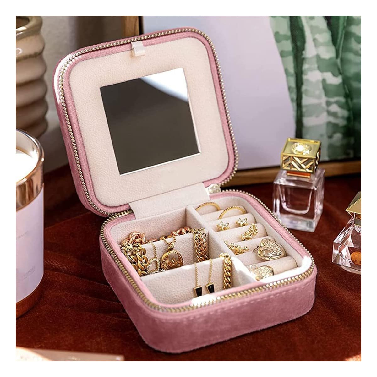 PACK4 JOYERO ELEGANTE CON ESPEJO TERCIOPELO DE COLOR ROSADO - 3