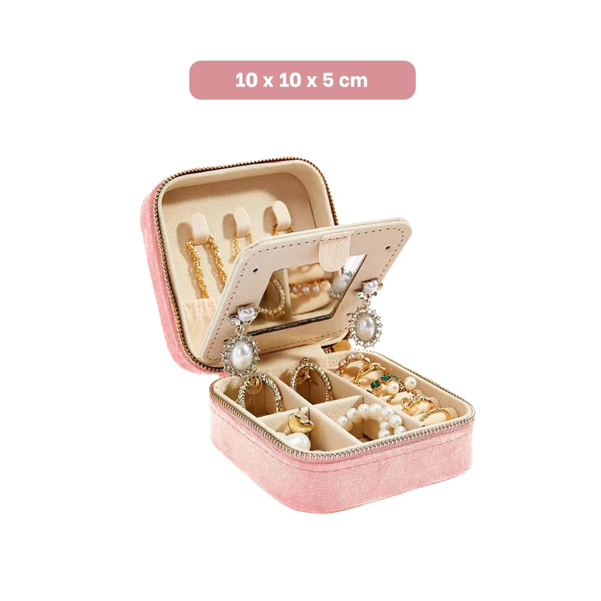 PACK4 JOYERO ELEGANTE CON ESPEJO TERCIOPELO DE COLOR ROSADO - 4