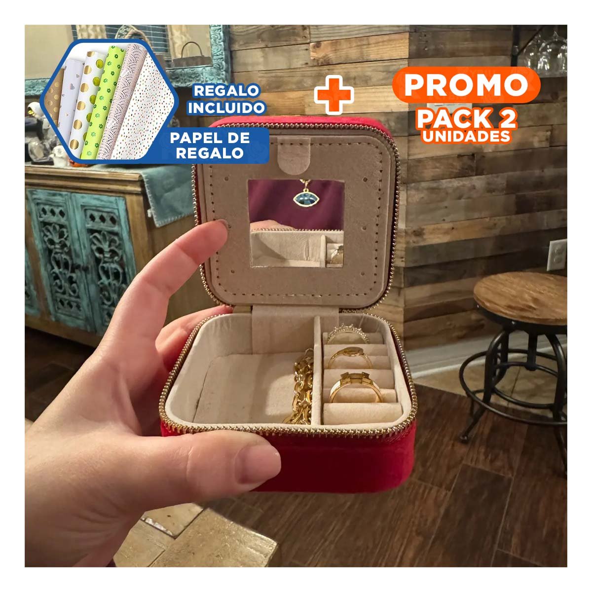 PACK2 CAJA DE VIAJE CON ESPEJO TERCIOPELO DE COLOR VINO Y+PAPEL REGALO - 1