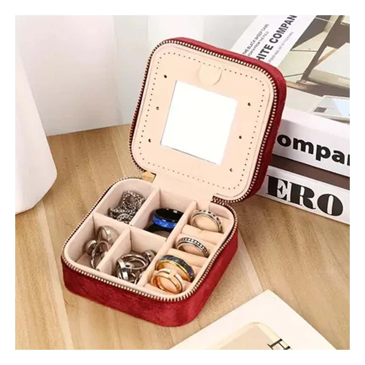 PACK2 CAJA DE VIAJE CON ESPEJO TERCIOPELO DE COLOR VINO Y+PAPEL REGALO - 5
