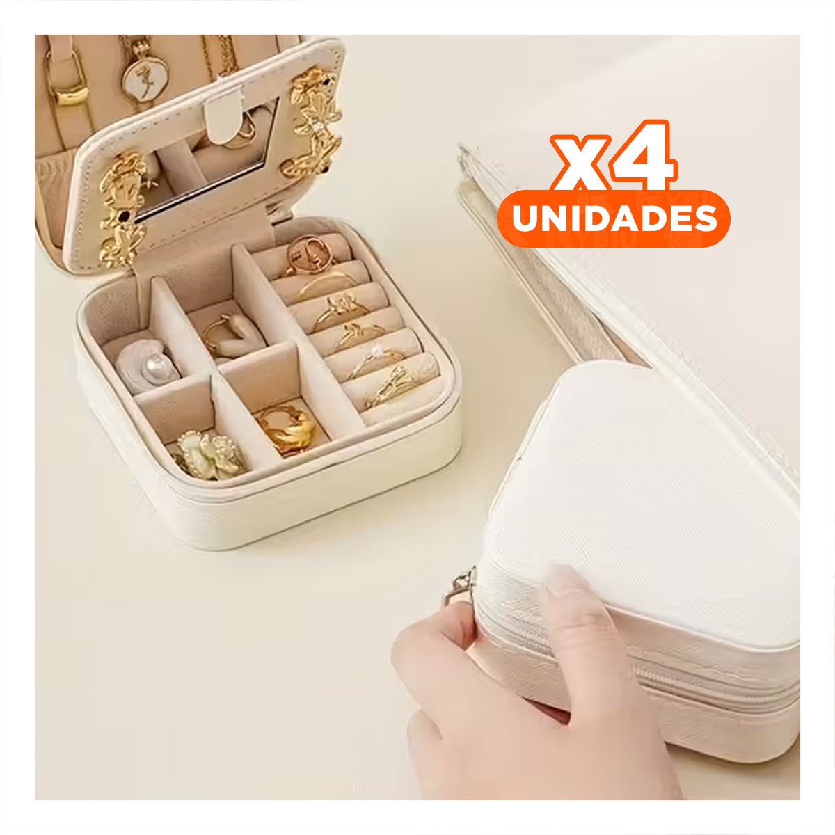PACK4 JOYERO PARA MUJER CON ESPEJO CUERO PU BLANCO PORTATIL - 1