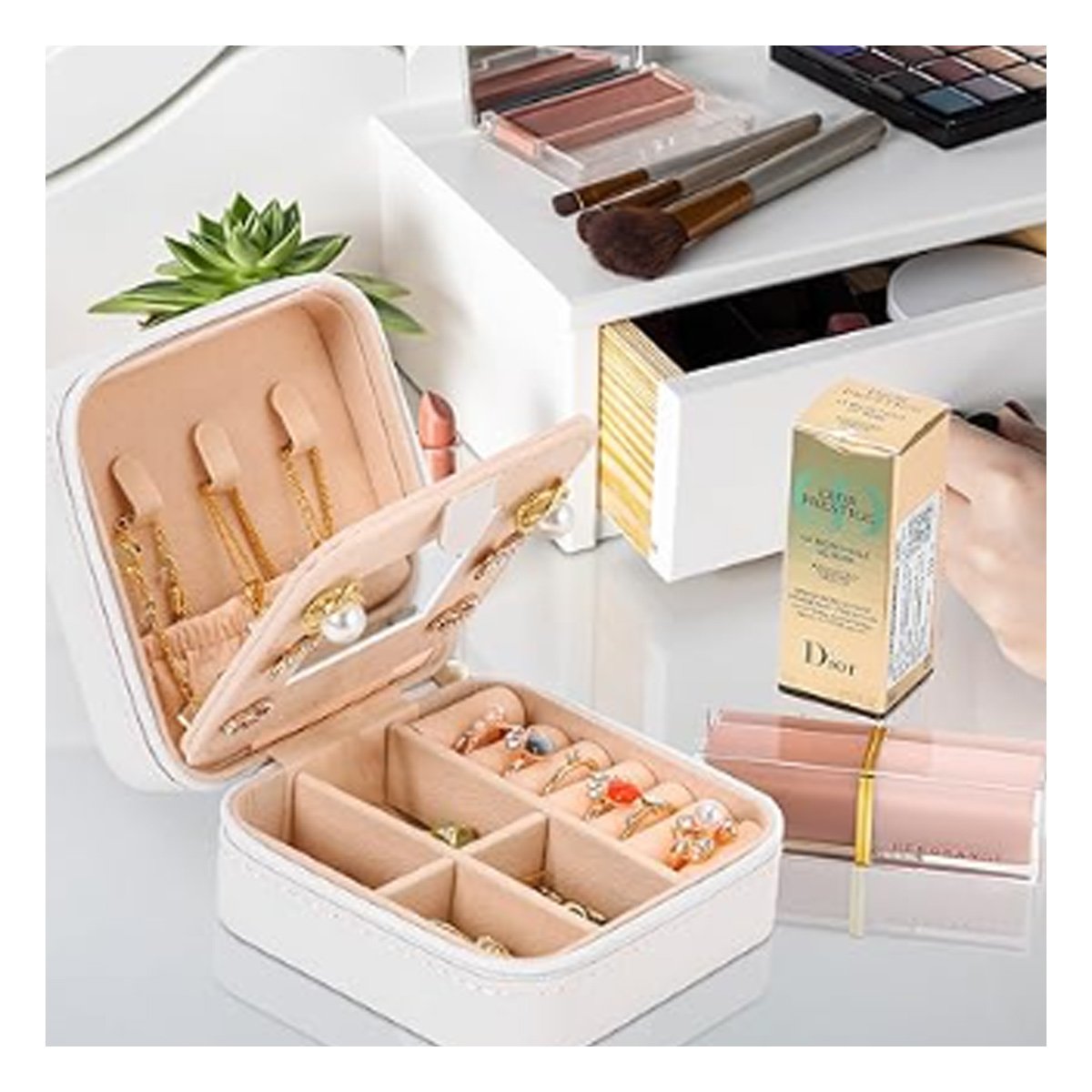 PACK4 JOYERO PARA MUJER CON ESPEJO CUERO PU BLANCO PORTATIL - 2