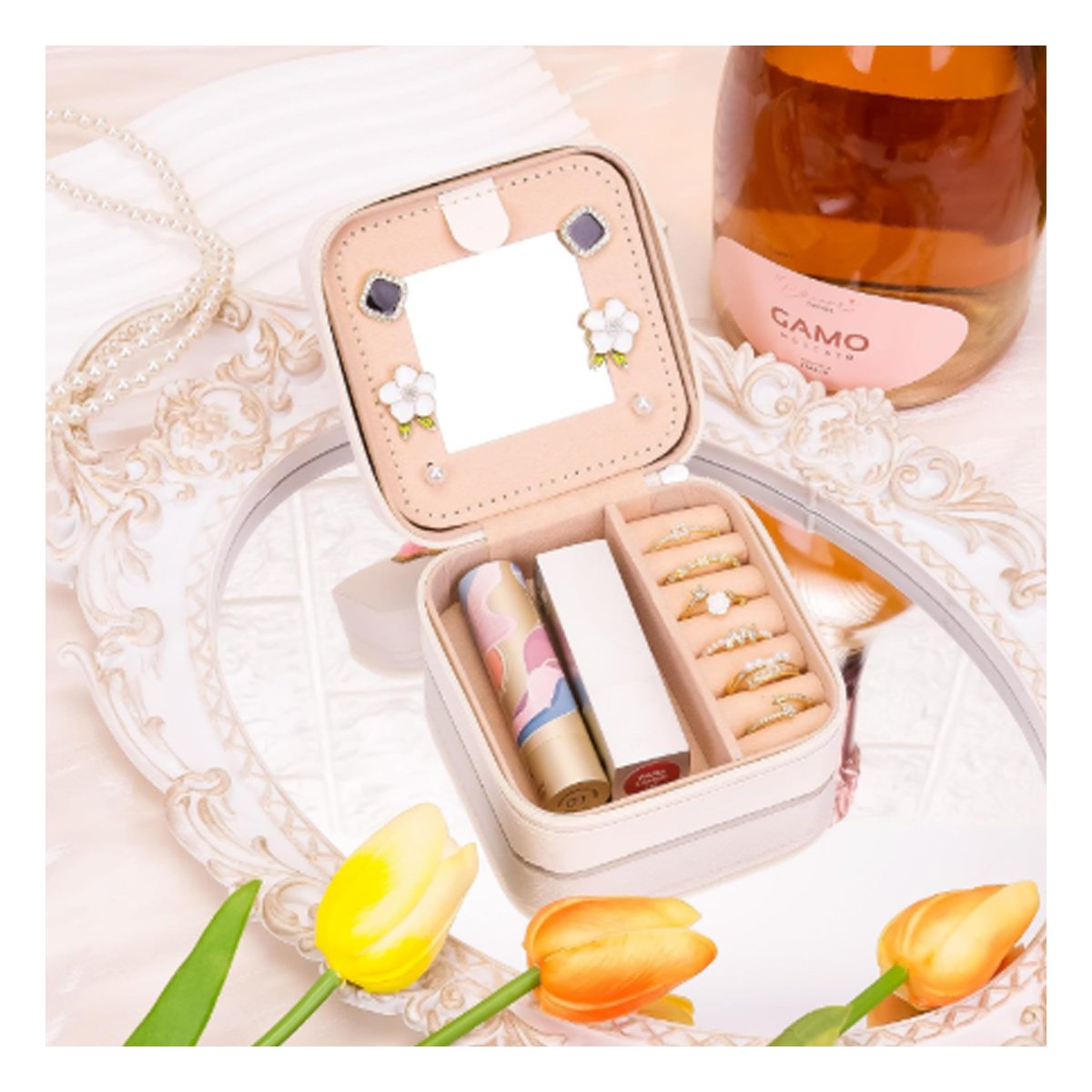 PACK4 JOYERO PARA MUJER CON ESPEJO CUERO PU BLANCO PORTATIL - 5