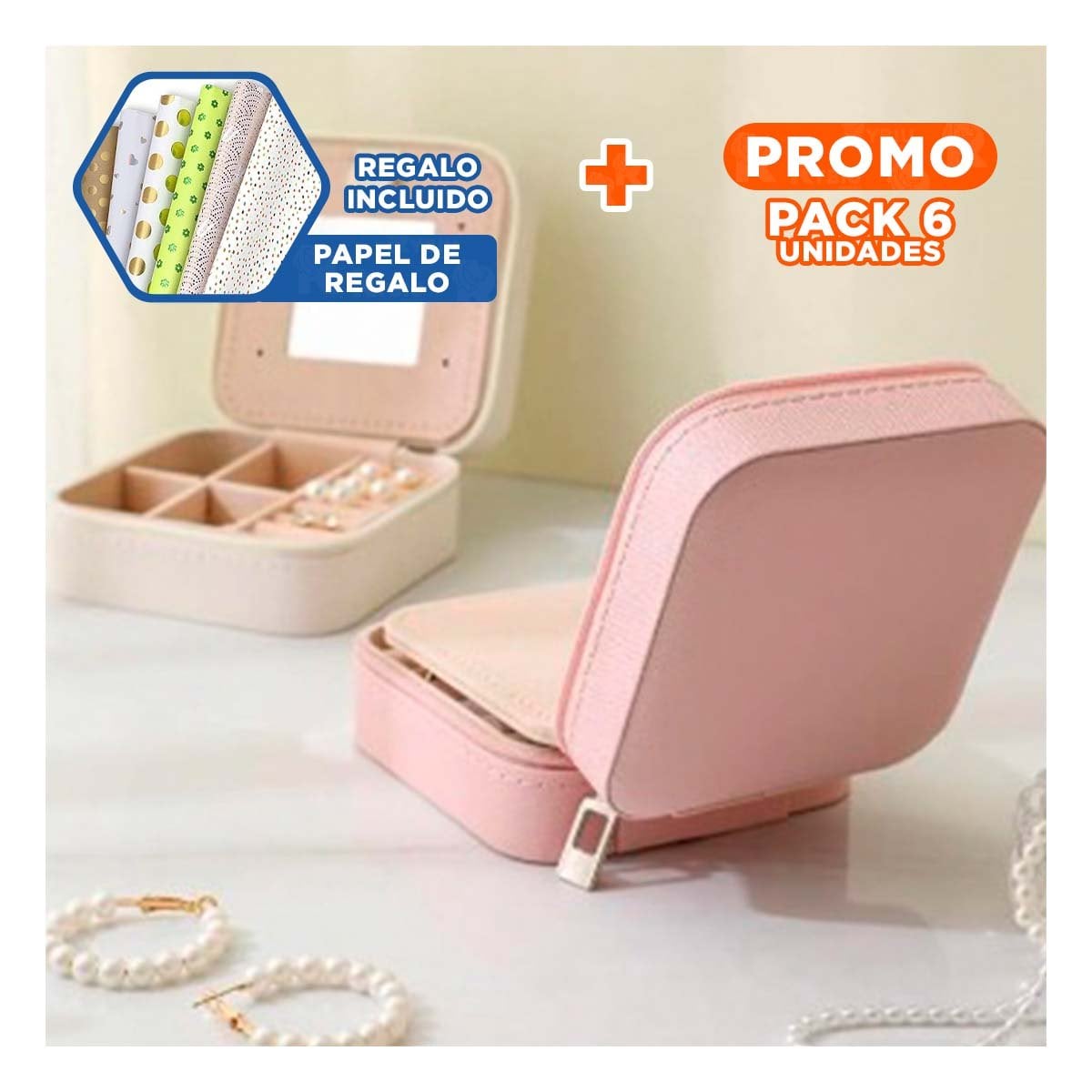 PACK6 COFRE PARA MUJER CON ESPEJO CUERO PU ROSADO COMPACTO Y+PAPEL REGALO - 1