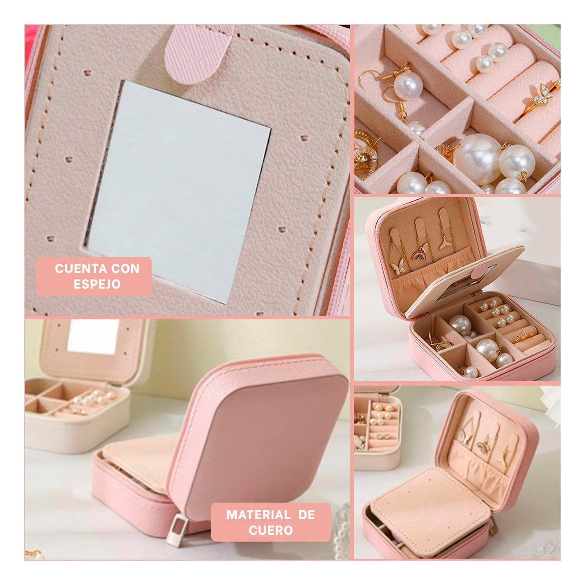 PACK6 COFRE PARA MUJER CON ESPEJO CUERO PU ROSADO COMPACTO Y+PAPEL REGALO - 3