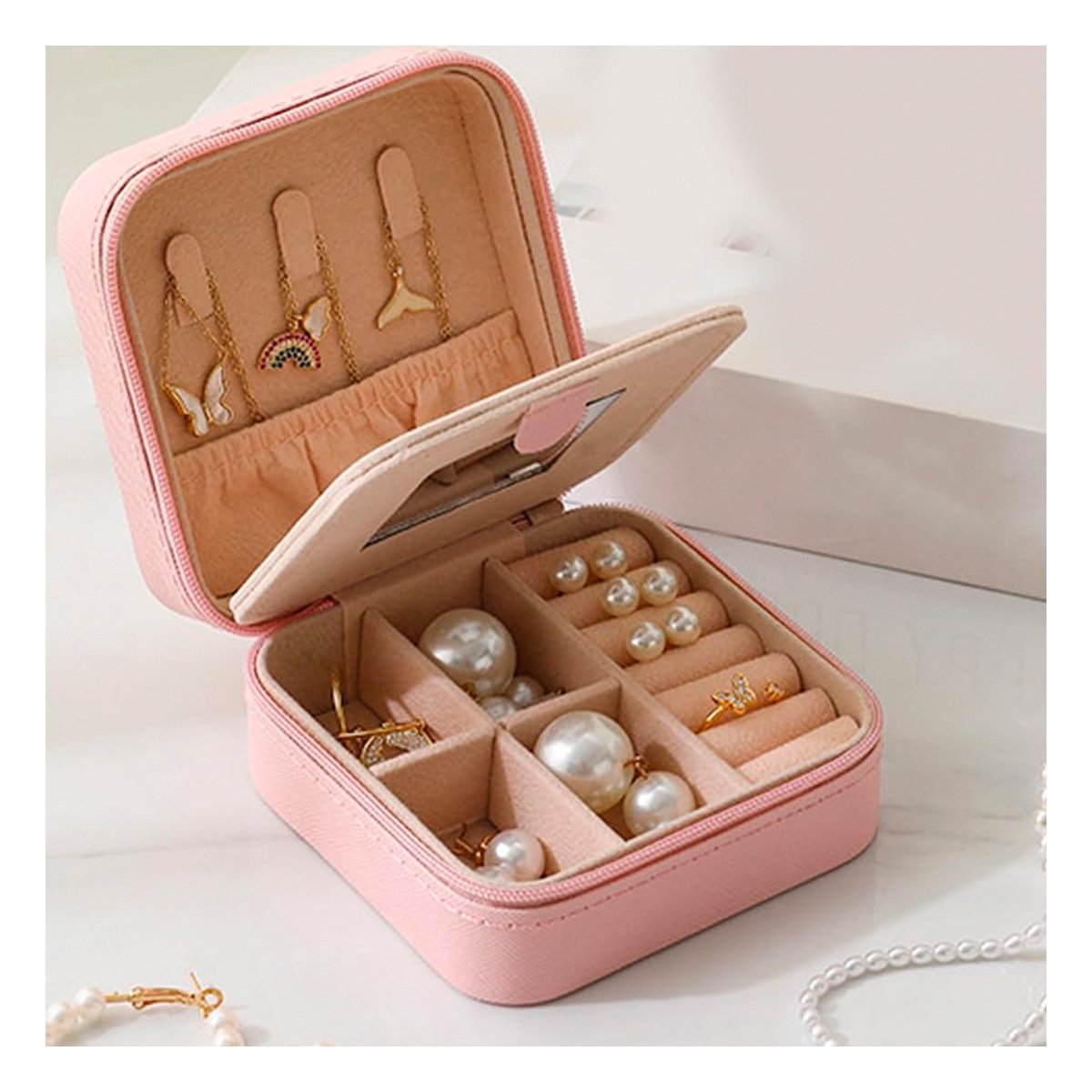 PACK6 COFRE PARA MUJER CON ESPEJO CUERO PU ROSADO COMPACTO Y+PAPEL REGALO - 5