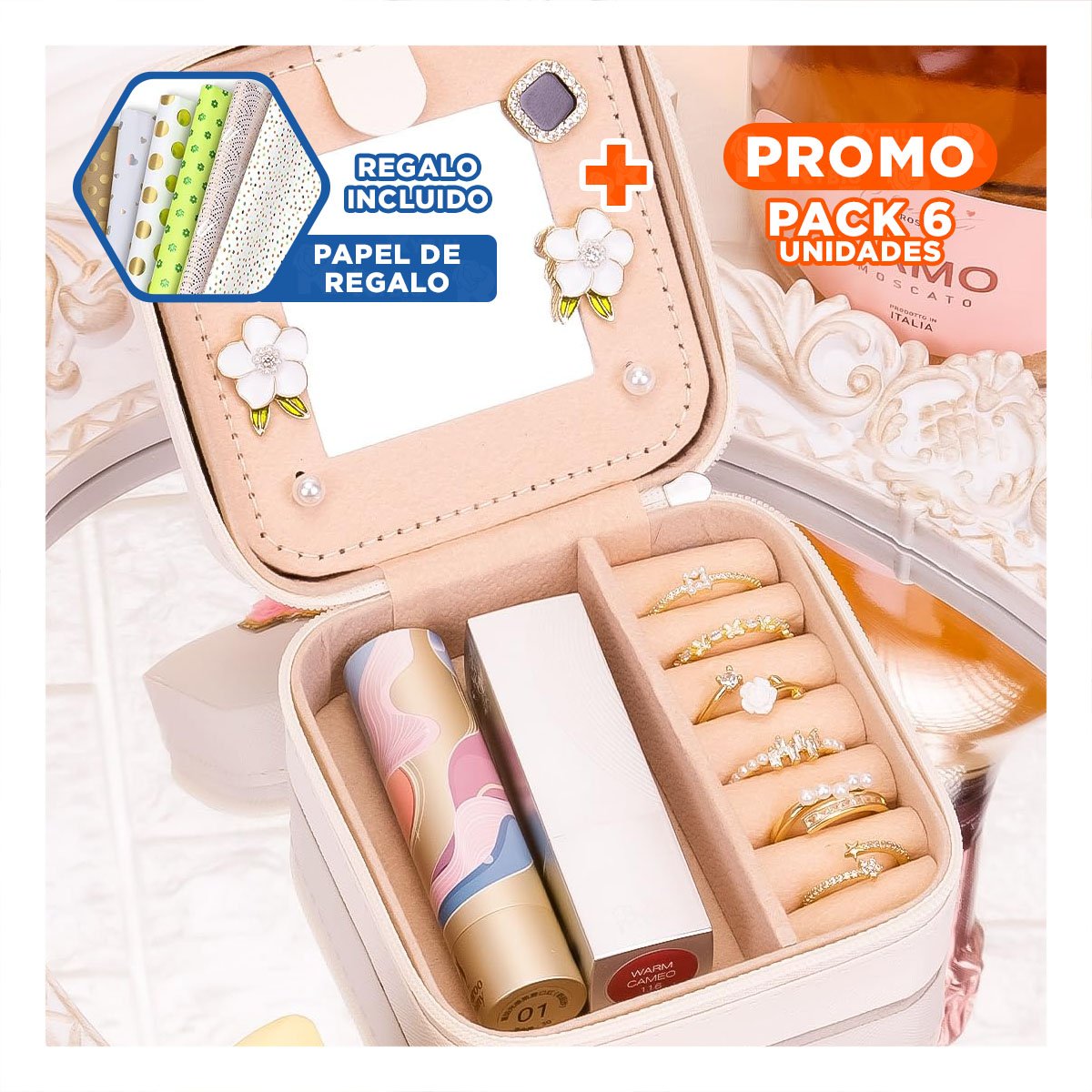 PACK6 COFRE PARA MUJER CON ESPEJO CUERO PU BLANCO COMPACTO Y+PAPEL REGALO - 1