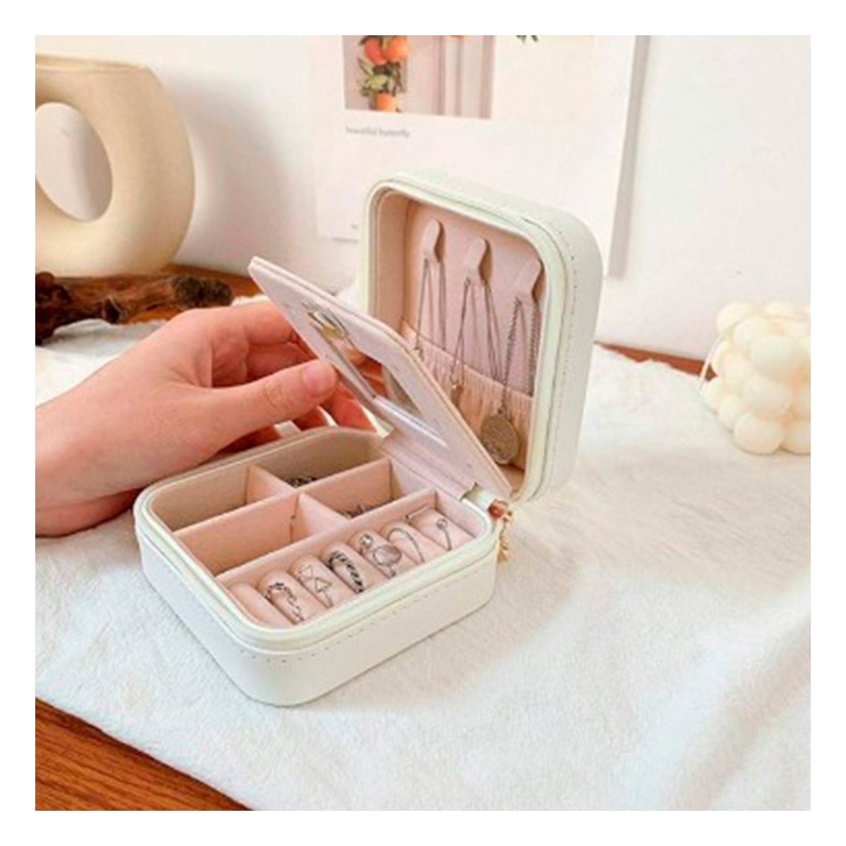 PACK6 COFRE PARA MUJER CON ESPEJO CUERO PU BLANCO COMPACTO Y+PAPEL REGALO - 5