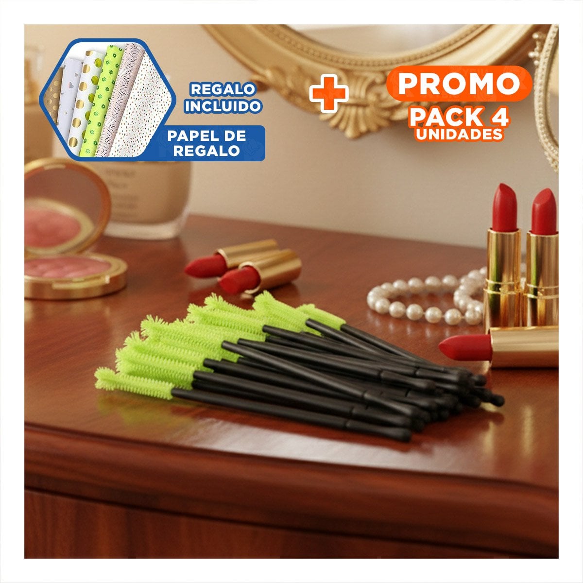 PACK4 PEINE PARA MAQUILLAJE DE SILICONA 12 PZS VERDE LIMON PESTAÑA Y CEJA Y+PAPEL REGALO - 1