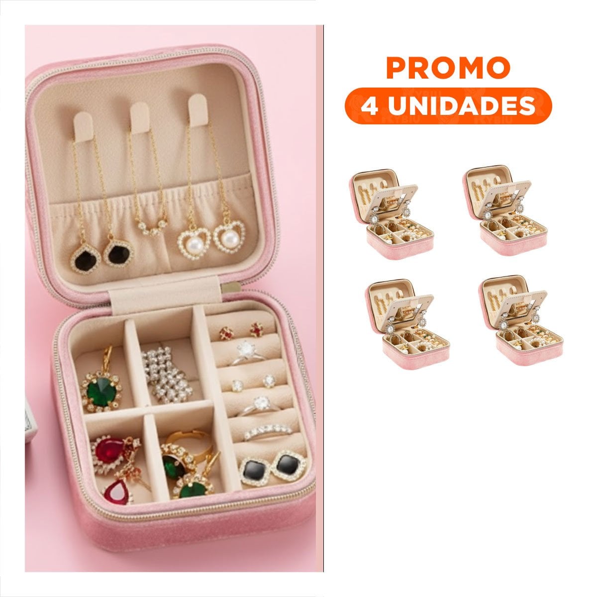 PACK4 ESTUCHE ELEGANTE CON ESPEJO TERCIOPELO DE COLOR ROSADO Y+REGALO STICKER - 1