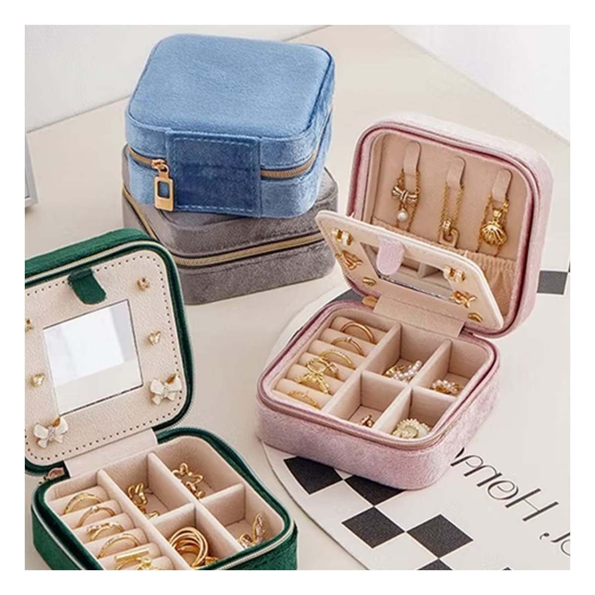 PACK4 ESTUCHE ELEGANTE CON ESPEJO TERCIOPELO DE COLOR ROSADO Y+REGALO STICKER - 5