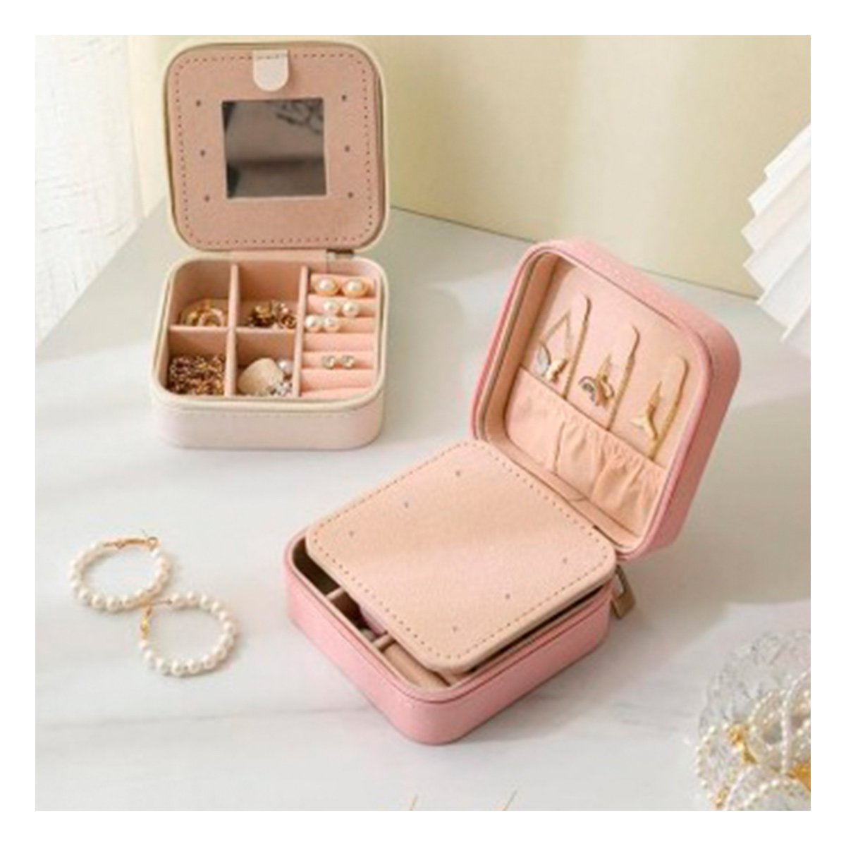 PACK6 CAJA PARA MUJER CON ESPEJO CUERO PU ROSADO ELEGANTE - 5