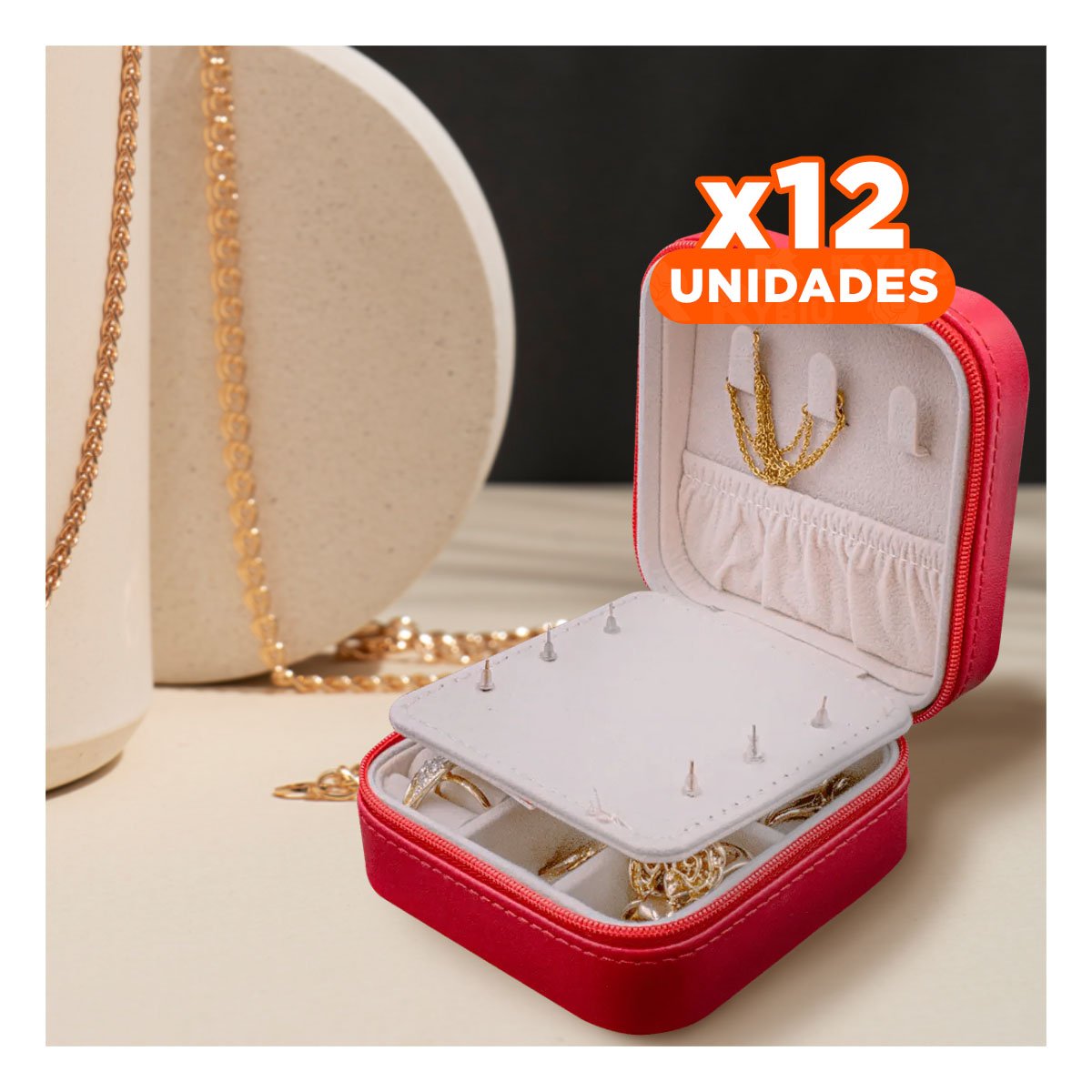 PACK12 ORGANIZADOR ELEGANTE CON ESPEJO CUERO PU ROJO PARA JOYAS - 1