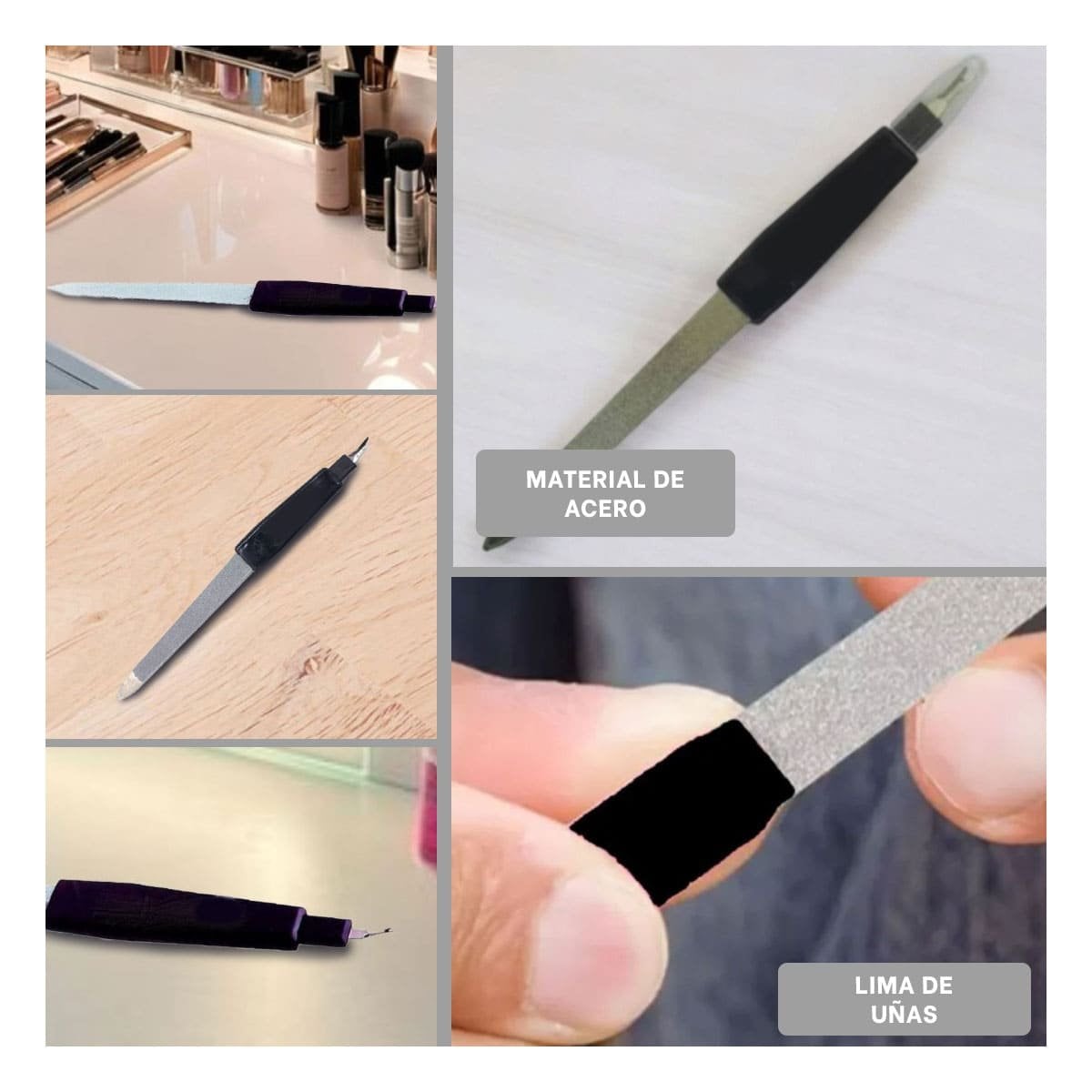 HERRAMIENTA PORTATIL DE UÑAS NEGRO Y PLATEADO CON SACA CUTICULAS - 5