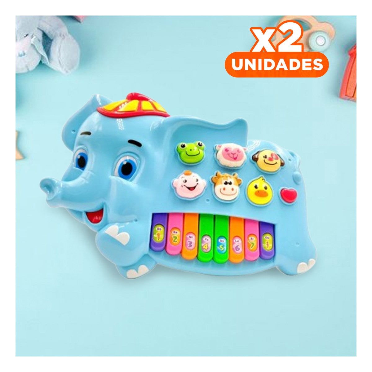 PACK2 TECLADO SONORO ELEFANTE CON GORRO NUMEROS Y ANIMALES PARA APRENDER Y+REGALO STICKER - 1