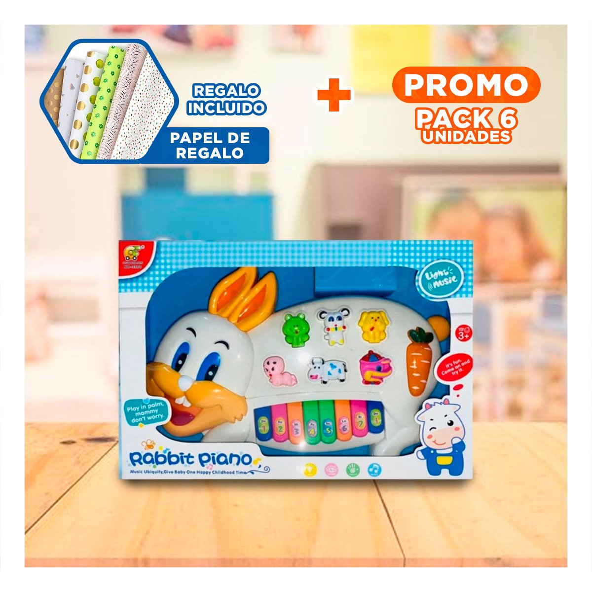PACK6 JUEGO DIDACTICO CONEJO CON NUMEROS Y ANIMALES PARA CASA Y+PAPEL REGALO - 1