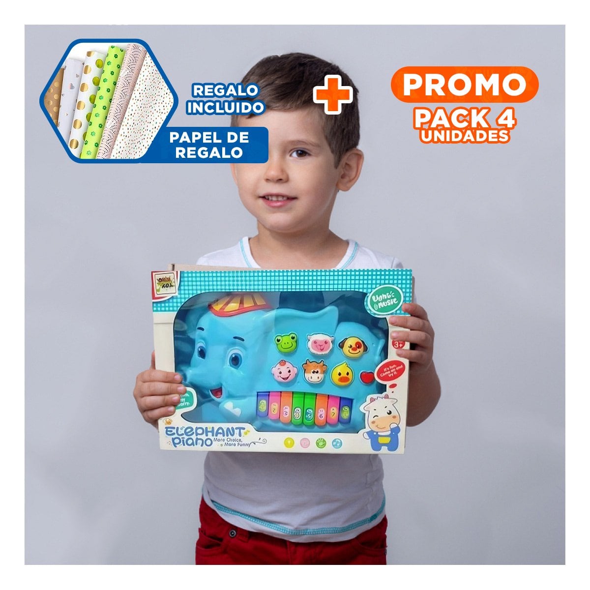 PACK4 PIANO INTERACTIVO ELEFANTE CON GORRO NUMEROS Y ANIMALES DIDACTICO Y+PAPEL REGALO - 1