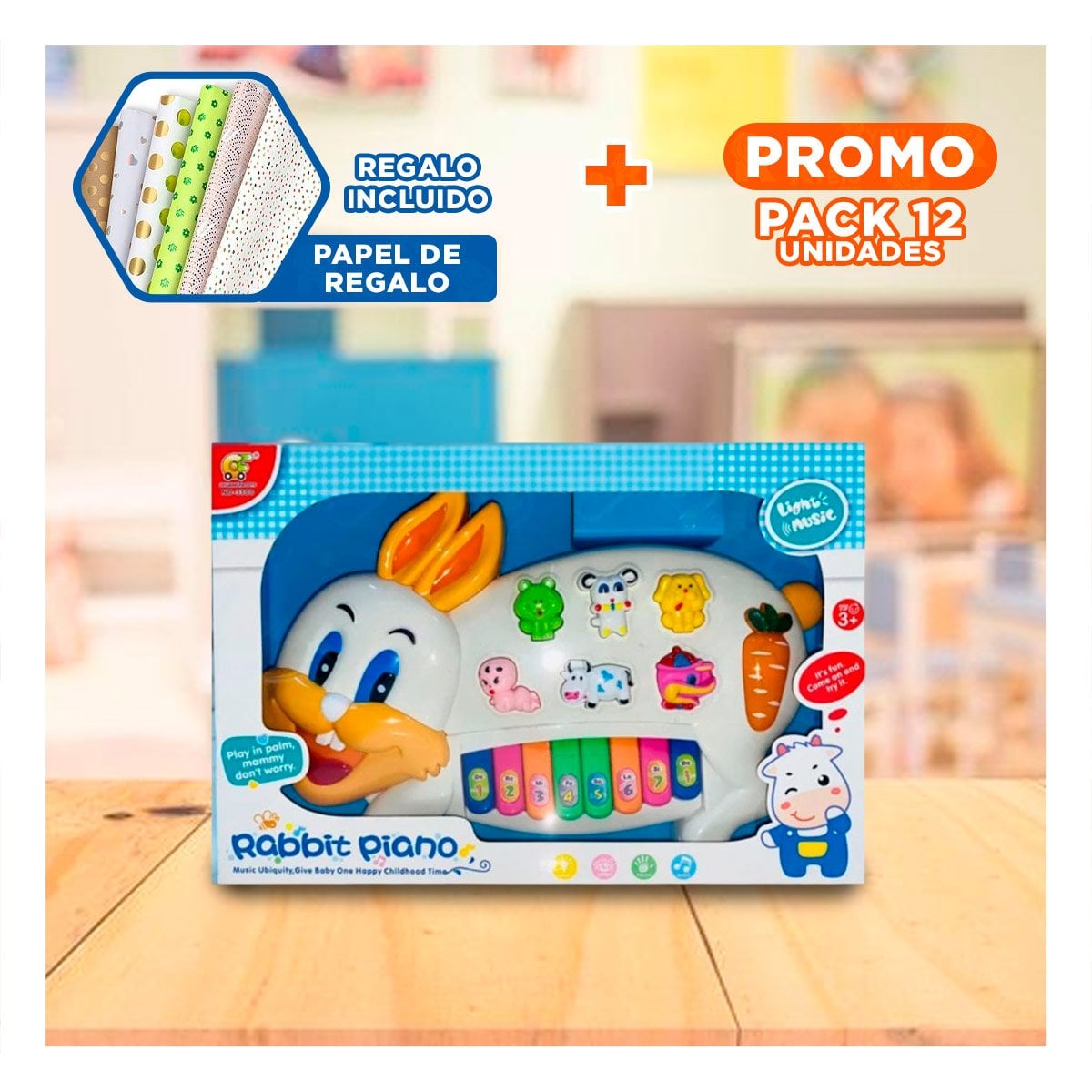 PACK12 PIANO CREATIVO CONEJO CON NUMEROS Y ANIMALES PARA DIVERSION INFANTIL Y+PAPEL REGALO - 1