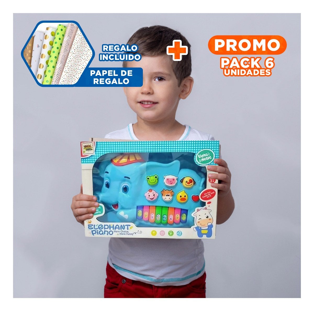 PACK6 PIANO MUSICAL ELEFANTE CON GORRO NUMEROS Y ANIMALES PARA INFANTES Y+PAPEL REGALO - 1