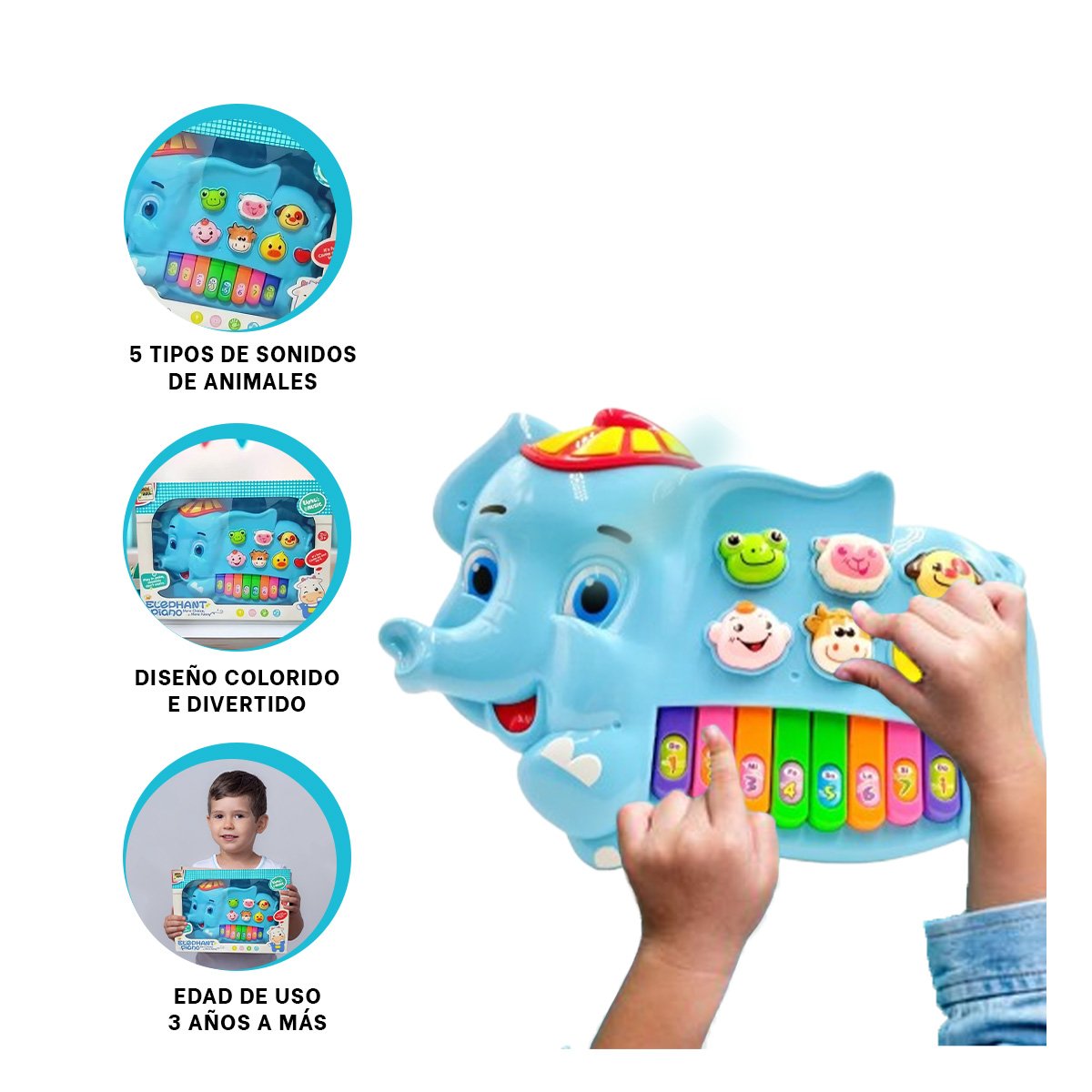 TECLADO INFANTIL ELEFANTE CON GORRO NUMEROS Y ANIMALES PARA JUEGO EDUCATIVO - 3