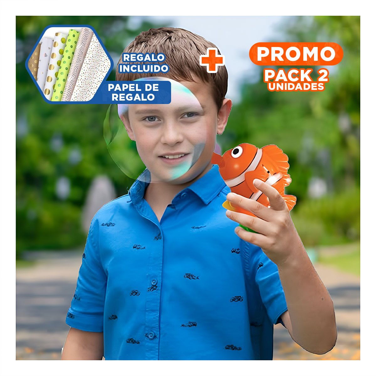PACK2 JUGUETE DE BURBUJAS INFANTIL DE PEZ PARA USO DIARIO Y+PAPEL REGALO - 1