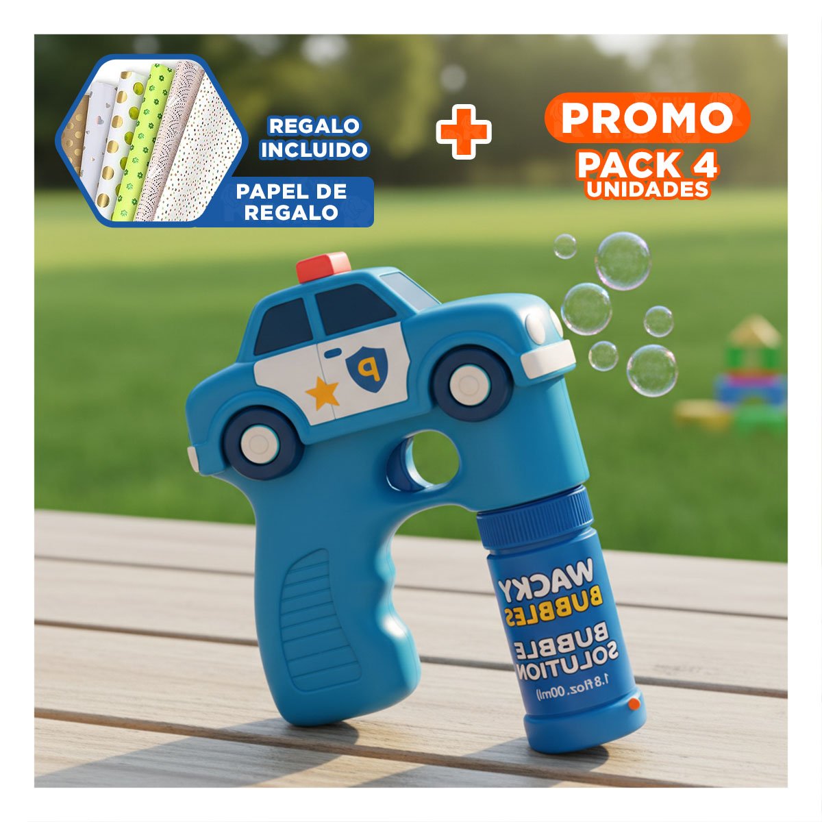 PACK4 SOPLADOR DE BURBUJAS CAMION PARA DIVERSION EN PATIO Y+PAPEL REGALO - 1