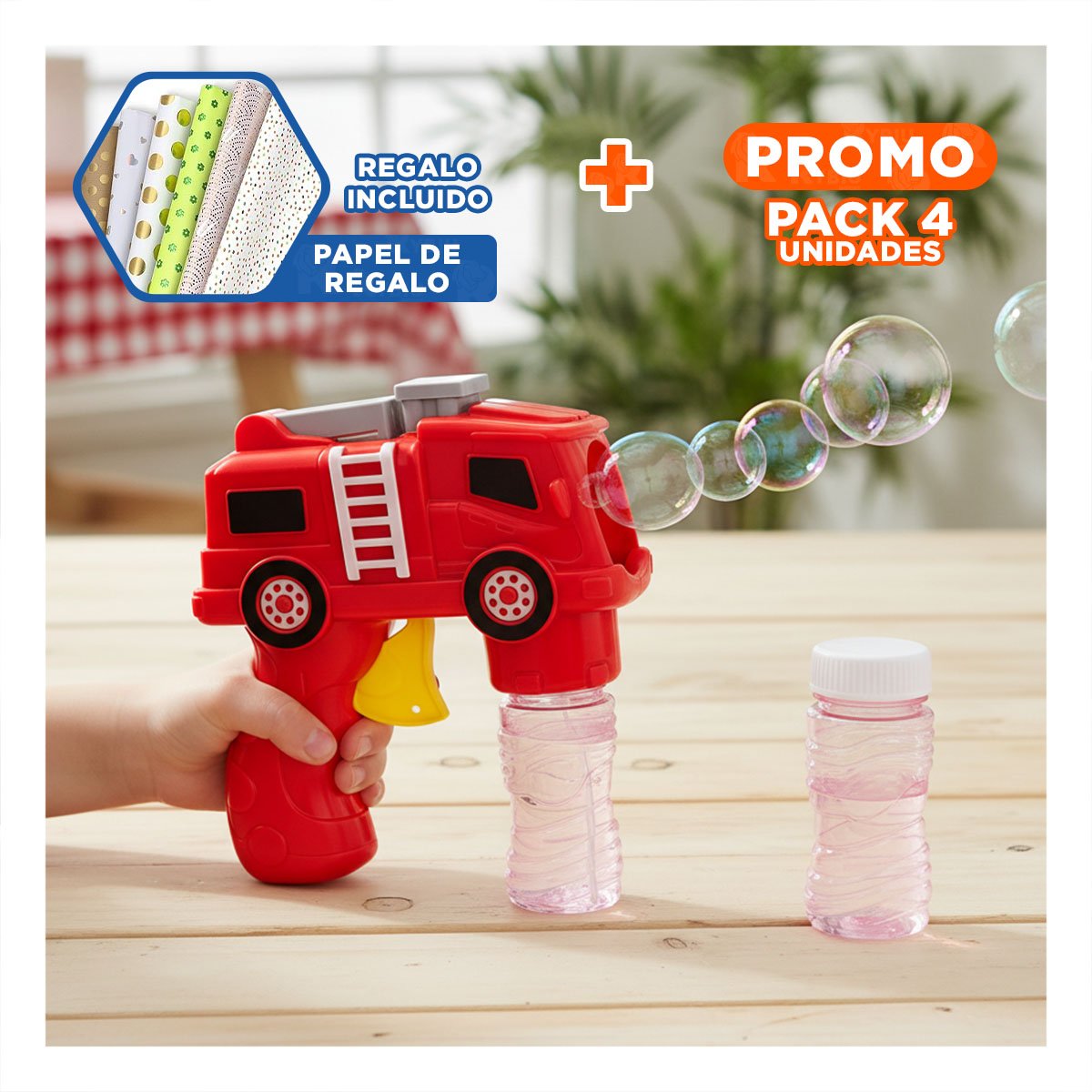 PACK4 EMISOR DE BURBUJAS TEMATICO CAMION PARA ACTIVIDADES AL AIRE LIBRE Y+PAPEL REGALO - 1