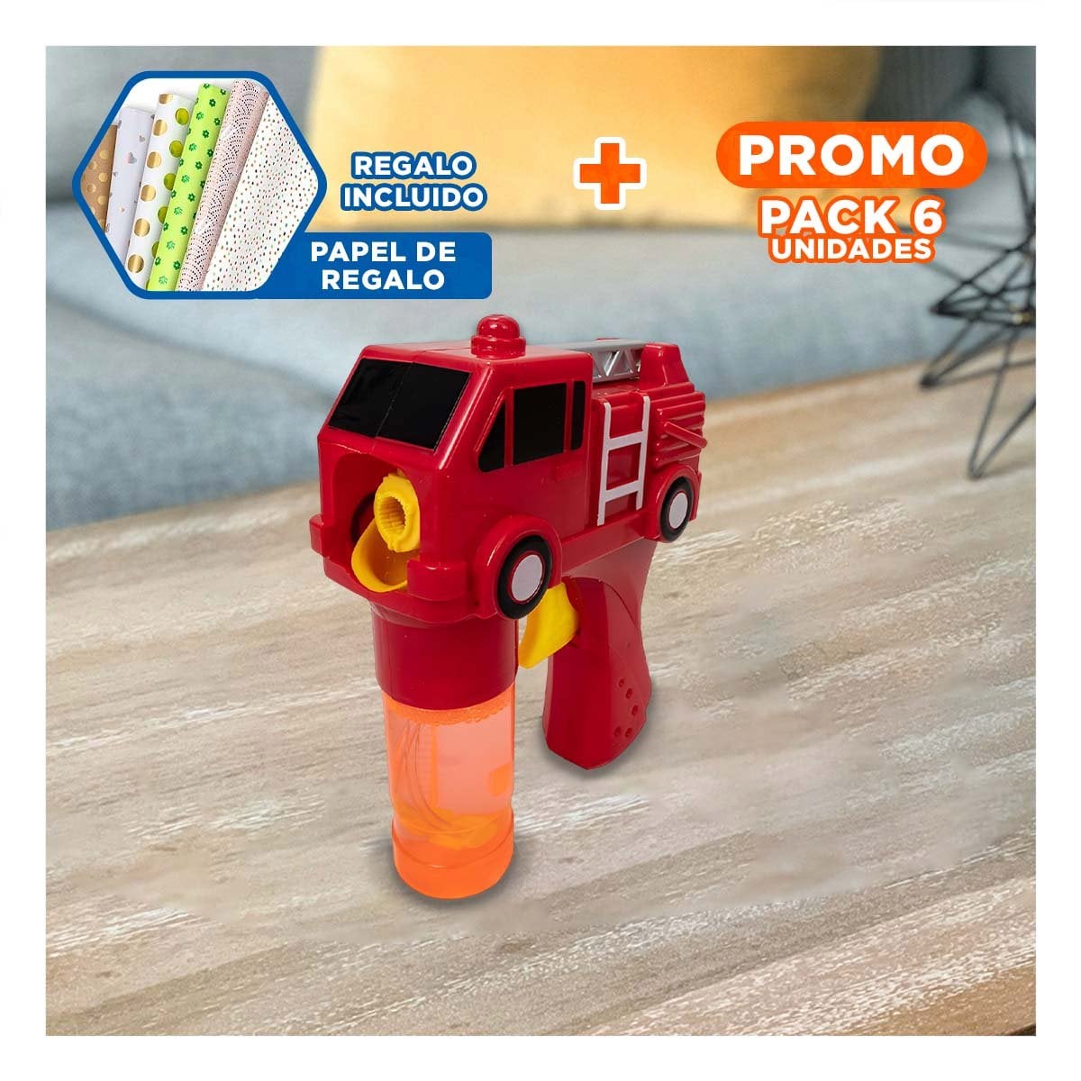 PACK6 ARTICULO DE BURBUJAS CARRO BOMBERO ROJO PENSADO PARA RECREACION INFANTIL Y+PAPEL REGALO - 1