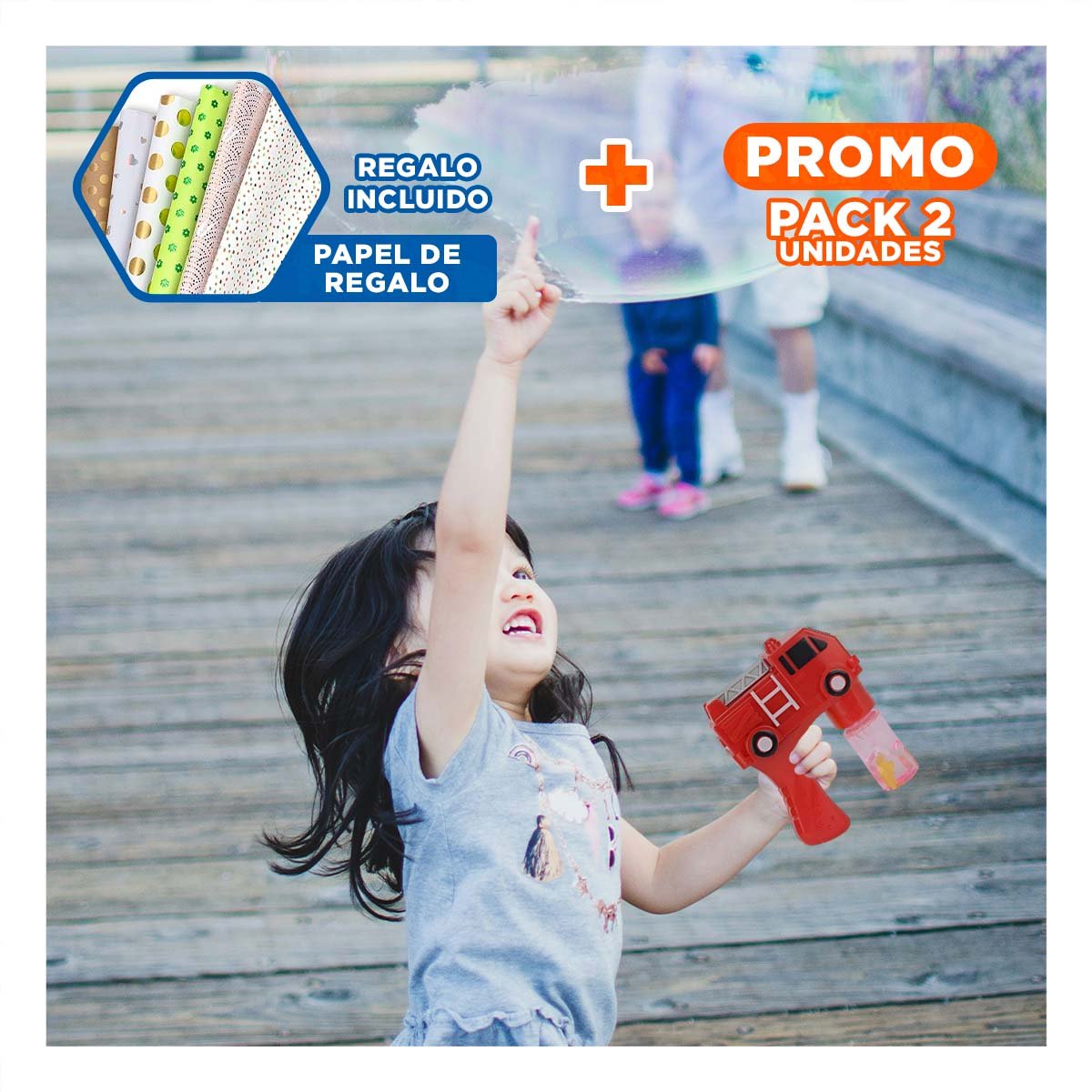 PACK2 JUGUETE DE BURBUJAS CARRO BOMBERO ROJO PARA MOMENTOS DE JUEGO ACTIVO Y+PAPEL REGALO - 1