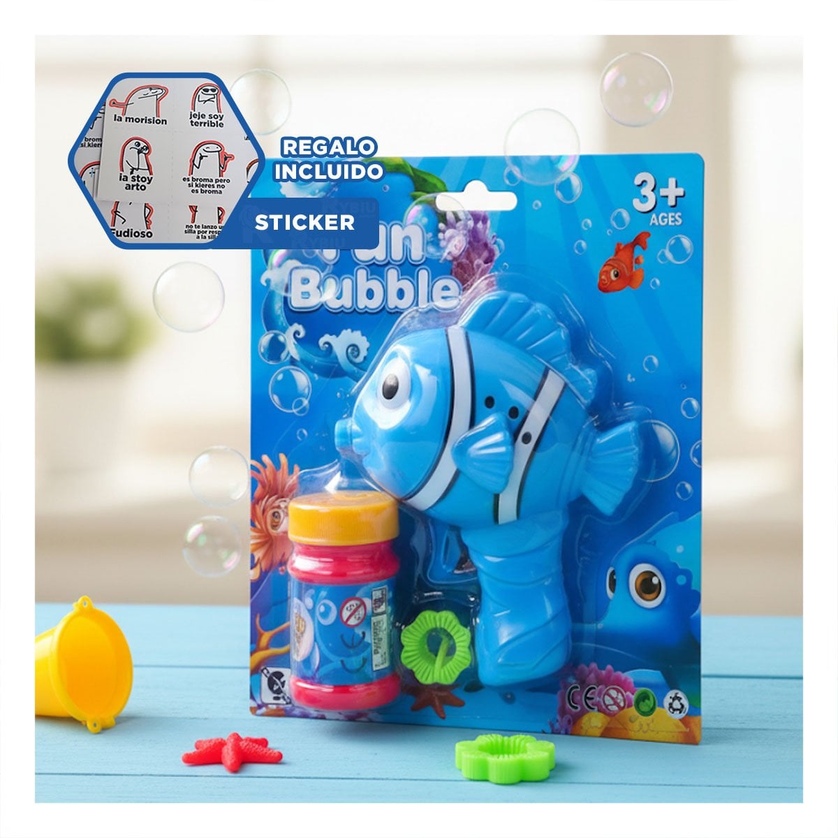 ARTICULO DE BURBUJAS CON FORMA DE PEZ PARA ACTIVIDADES RECREATIVAS Y+REGALO STICKER - 1