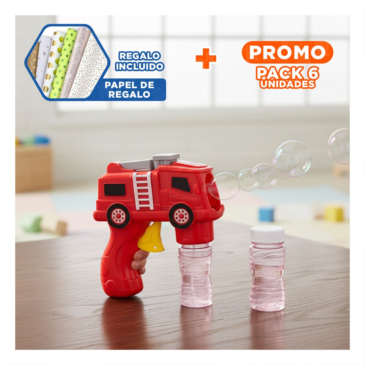 PACK6 DISPENSADOR DE BURBUJAS RECREATIVO CAMION PARA JUEGOS EN CASA Y+PAPEL REGALO - 1