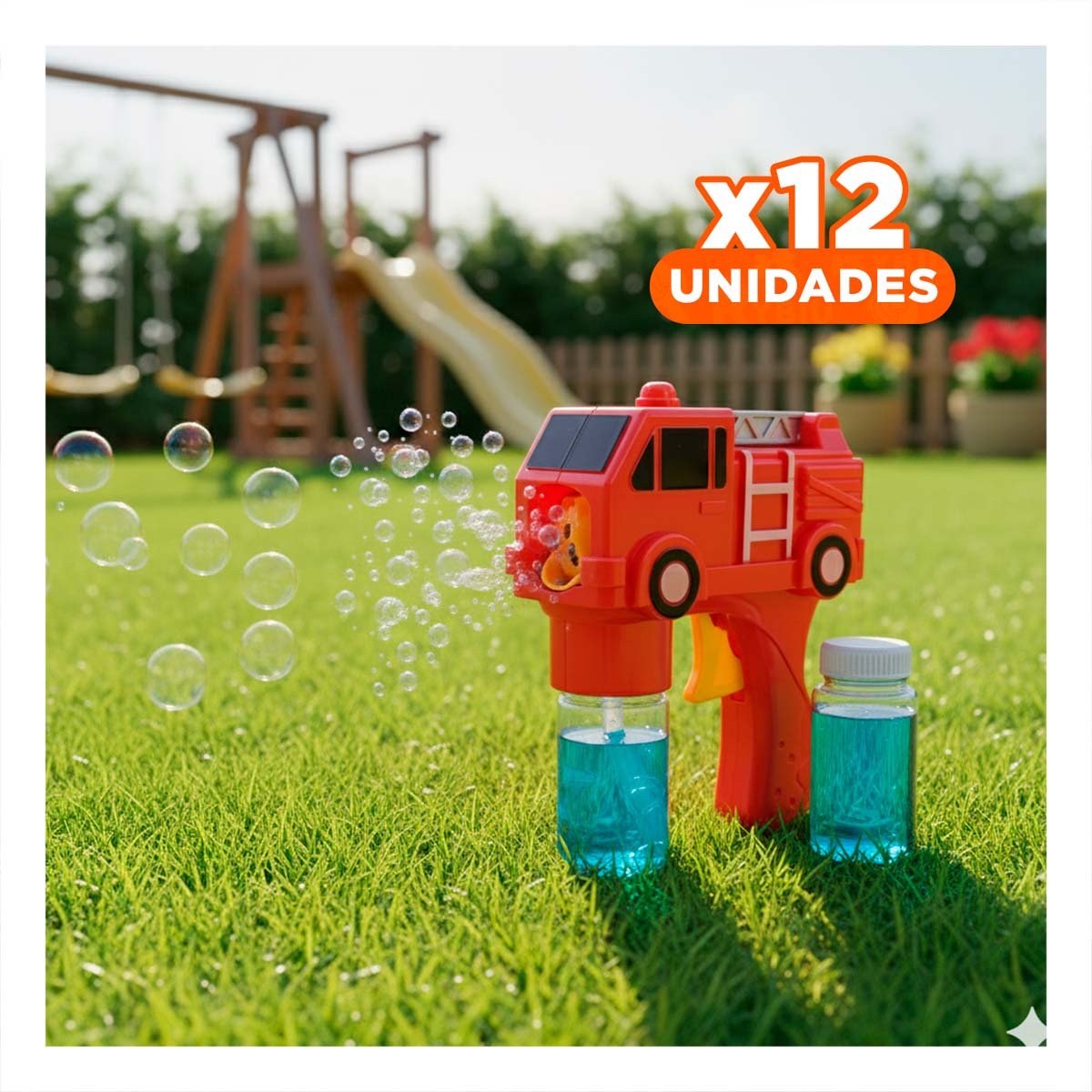 PACK12 ACCESORIO DE BURBUJAS CARRO BOMBERO ROJO CON DISEÑO DIVERTIDO PARA NINOS - 1