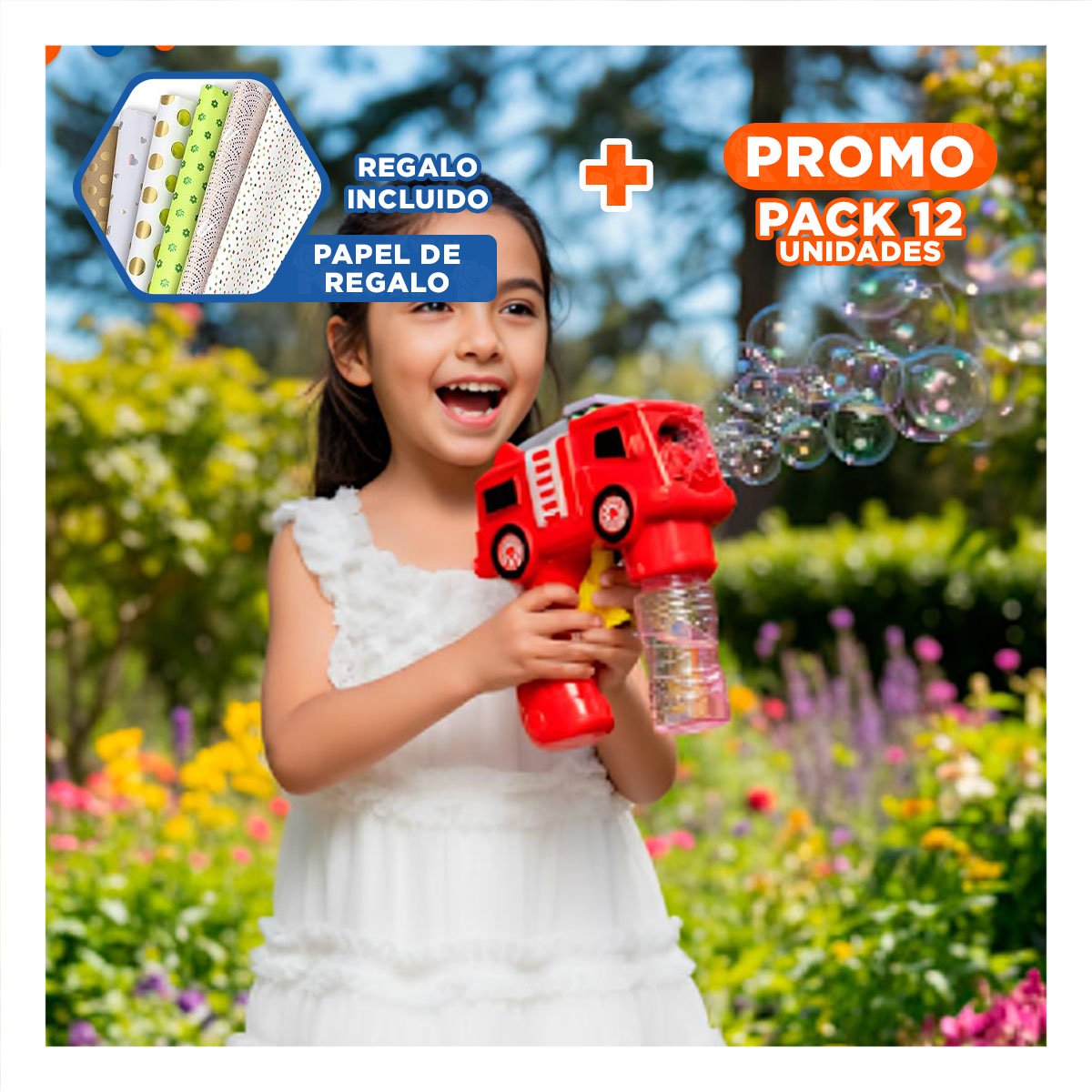 PACK12 GENERADOR DE BURBUJAS TEMATICO CAMION PARA DIVERSION ACTIVA Y+PAPEL REGALO - 1