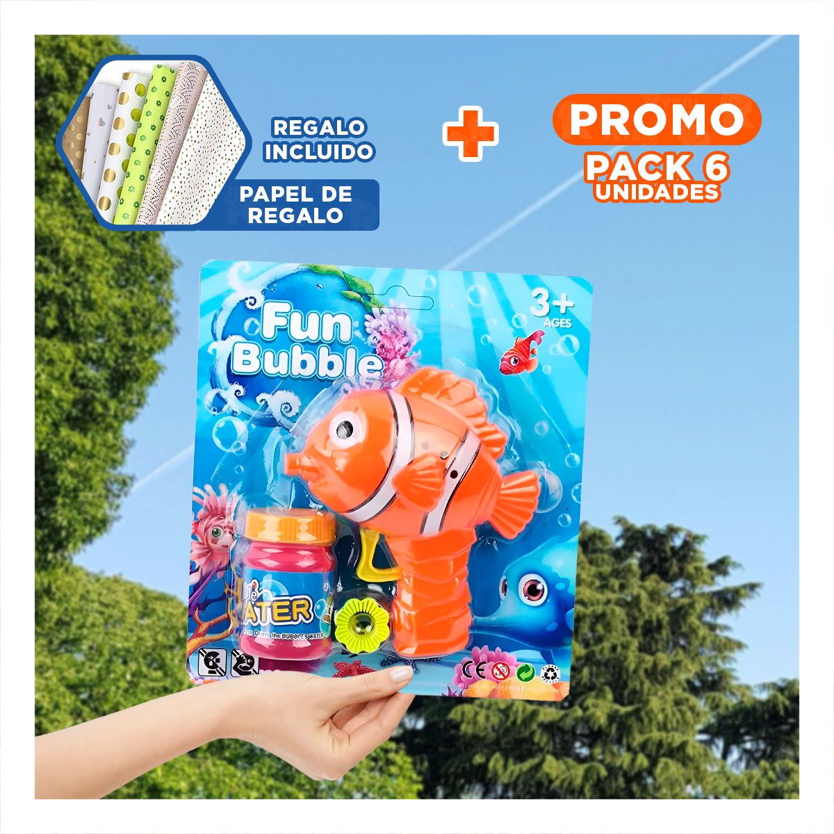 PACK6 ARTICULO DE BURBUJAS INFANTIL CON FORMA DE PEZ Y+PAPEL REGALO - 1