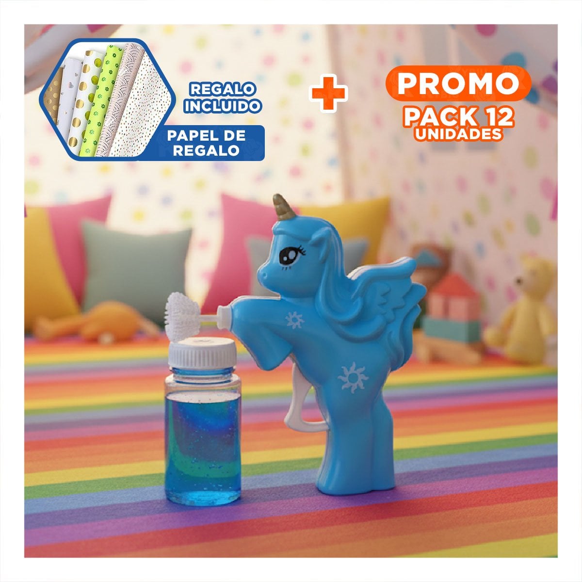 PACK12 DISPENSADOR DE BURBUJAS DE UNICORNIO PARA ACTIVIDADES AL AIRE LIBRE Y+PAPEL REGALO - 1