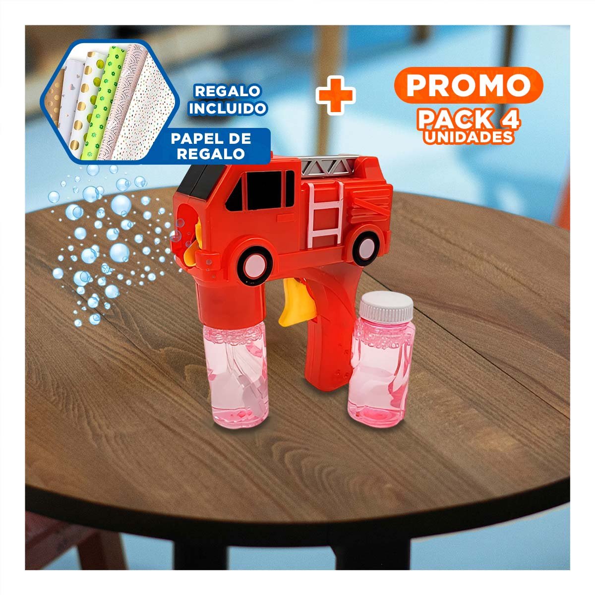 PACK4 ARTICULO DE BURBUJAS CARRO BOMBERO ROJO CON ESTILO CREATIVO PARA NINOS Y+PAPEL REGALO - 1