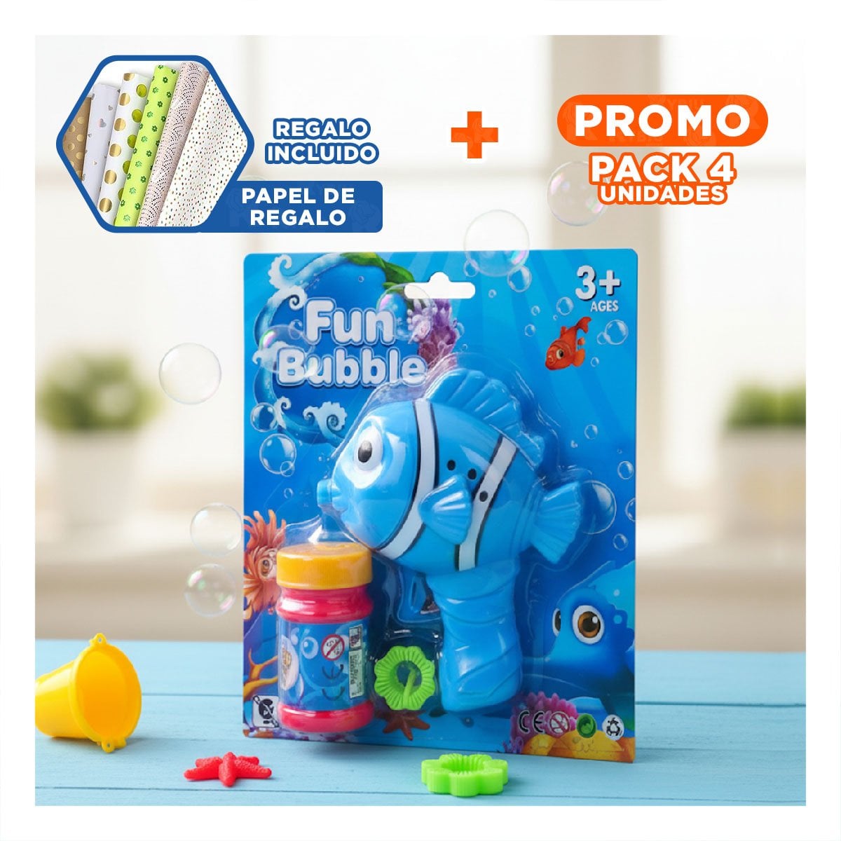 PACK4 SOPLADOR DIVERTIDO DE BURBUJAS ESTILO PEZ PARA MOMENTOS ACTIVOS Y+PAPEL REGALO - 1