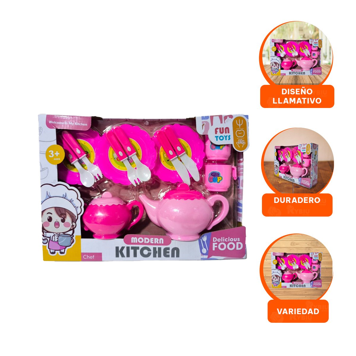 JUEGO DE UTENSILIOS DE COCINA CON TETERAS PLATOS Y CUBIERTOS PARA JUEGO EN CASA - 3