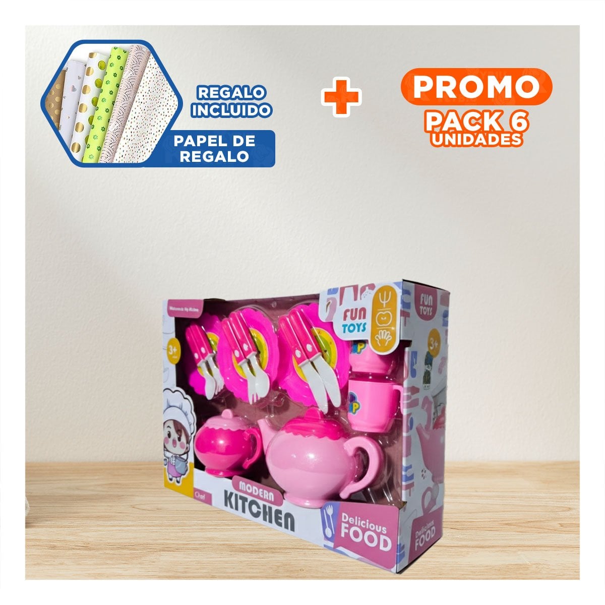 PACK6 PACK DE SERVICIO DE COCINA CON TETERAS PLATOS Y CUBIERTOS PARA JUEGO Y+PAPEL REGALO - 1