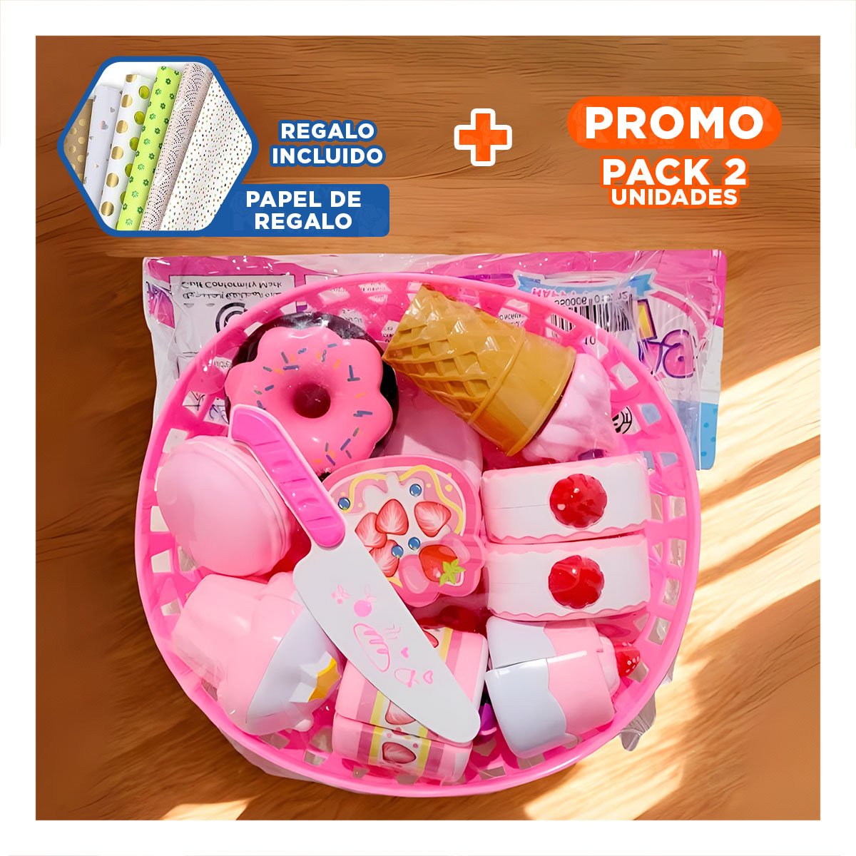PACK2 COLECCION EDUCATIVA DE POSTRES PARA CORTAR CON ACCESORIOS DE JUEGO Y+PAPEL REGALO - 1