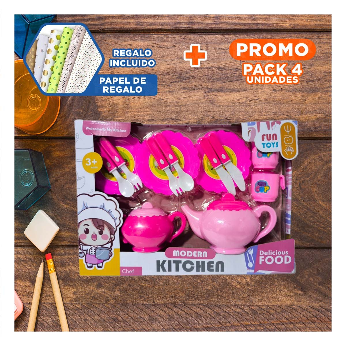 PACK4 SET DE SERVICIO DE COCINA CON TETERAS PLATOS Y CUBIERTOS PARA JUEGO Y+PAPEL REGALO - 1